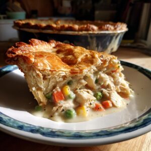 A delicious slice of homemade chicken pot pie with flaky crust, chicken, and vegetables.