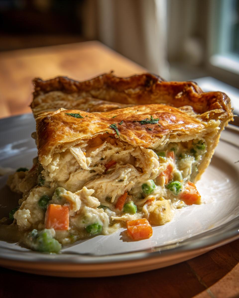 A delicious slice of homemade Chicken pot pie with flaky crust, chicken, peas, and carrots.