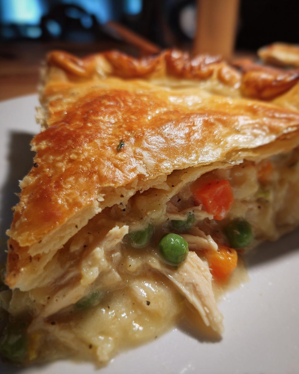 A delicious slice of homemade chicken pot pie with a flaky crust, filled with chicken and vegetables.