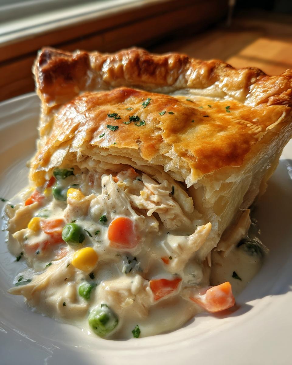 A delicious slice of homemade chicken pot pie with flaky crust, chicken, peas, carrots, and creamy sauce.