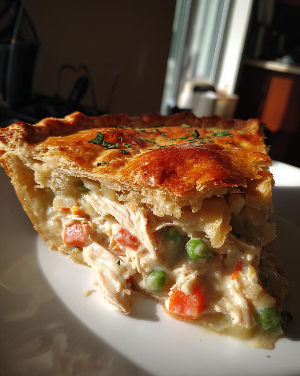 A delicious slice of homemade chicken pot pie with flaky crust, filled with chicken and vegetables.