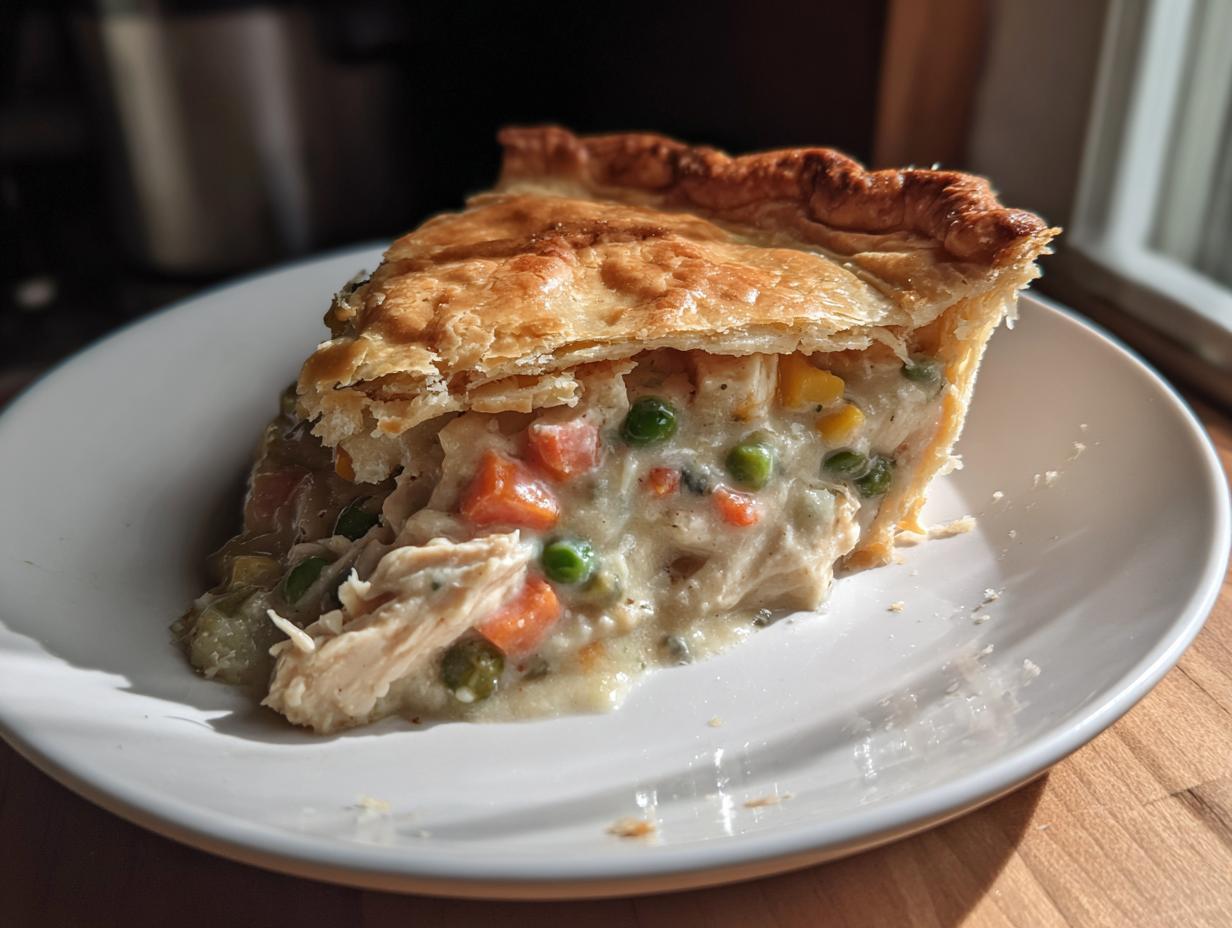 A delicious slice of homemade chicken pot pie with flaky crust, filled with chicken and vegetables.