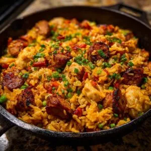 A close-up shot of a cast-iron skillet filled with a hearty chicken and sausage Jambalaya, garnished with chopped green onions.