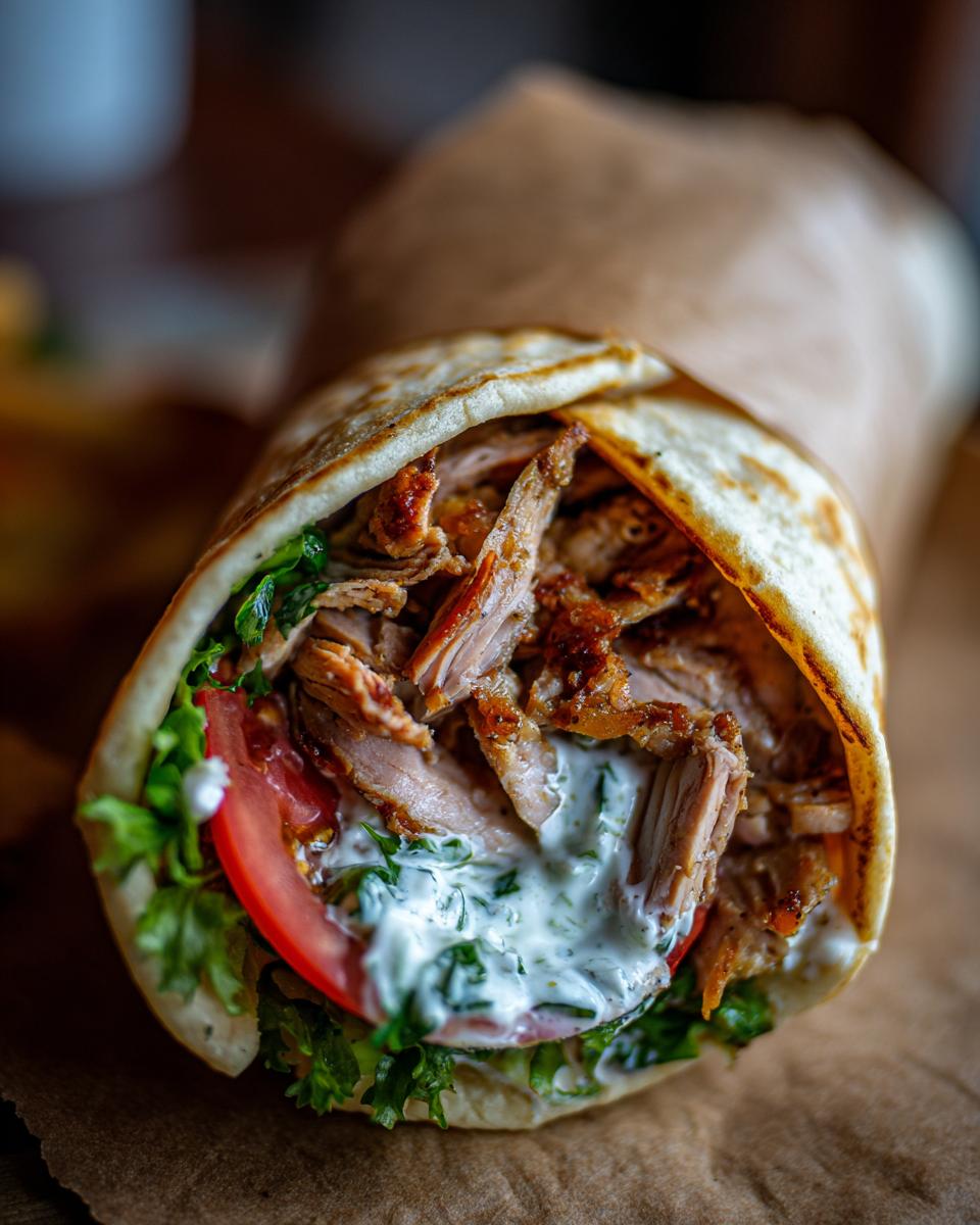 Close-up of a flavorful chicken shawarma wrap, filled with seasoned chicken, lettuce, tomato, and creamy sauce.