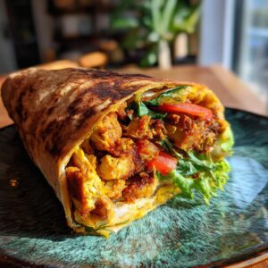 A delicious chicken shawarma wrap filled with seasoned chicken, lettuce, and tomatoes, served on a rustic plate.
