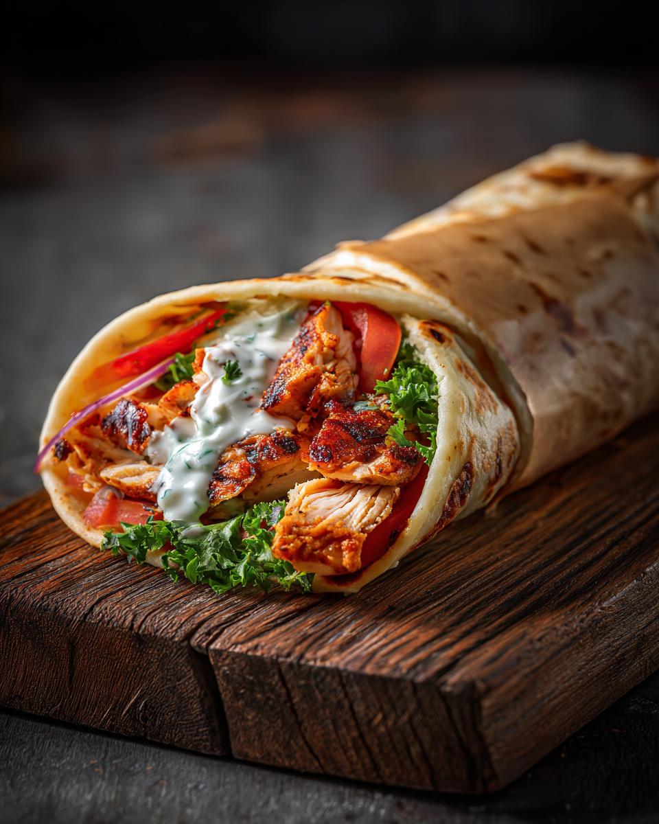 A delicious chicken shawarma wrap filled with grilled chicken, lettuce, tomato, red onion, and sauce, served on a wooden board.