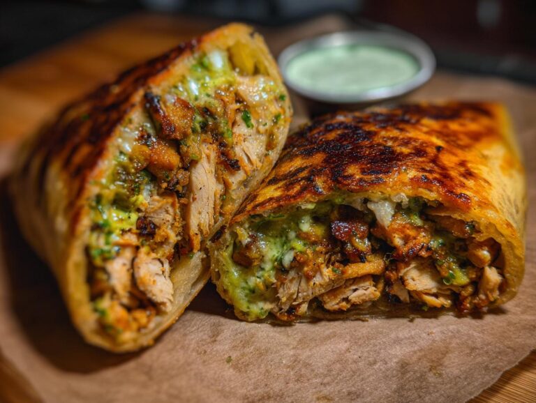 A close-up of a delicious chicken shawarma wrap, cut in half, revealing tender chicken and green sauce.