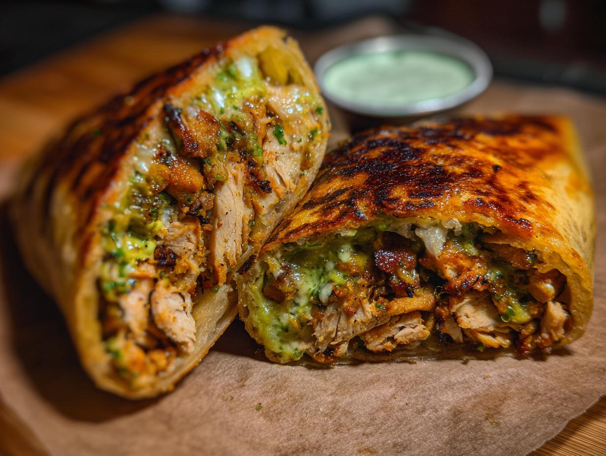 A close-up of a delicious chicken shawarma wrap, cut in half, revealing tender chicken and green sauce.