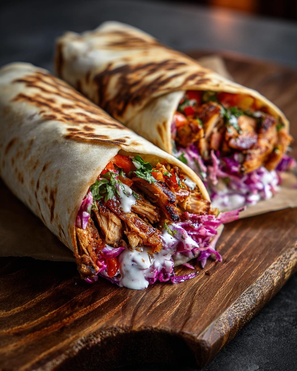 Two flavorful chicken shawarma wraps filled with seasoned chicken, red cabbage, and sauce on a wooden board.