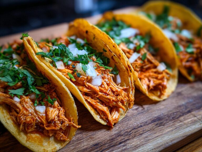 Close-up of delicious chicken tinga tacos filled with shredded chicken and topped with cilantro and onions.
