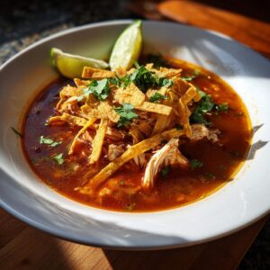A bowl of chicken tortilla soup topped with tortilla strips, cilantro, and lime wedges.