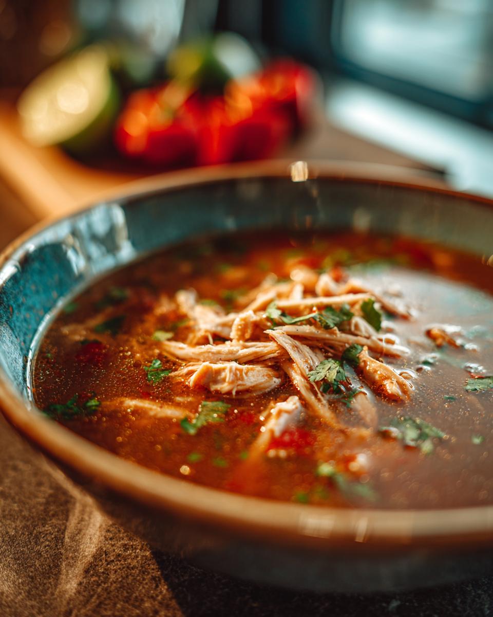 Close-up of a bowl of Chicken Tortilla Soup, garnished with shredded chicken and cilantro.