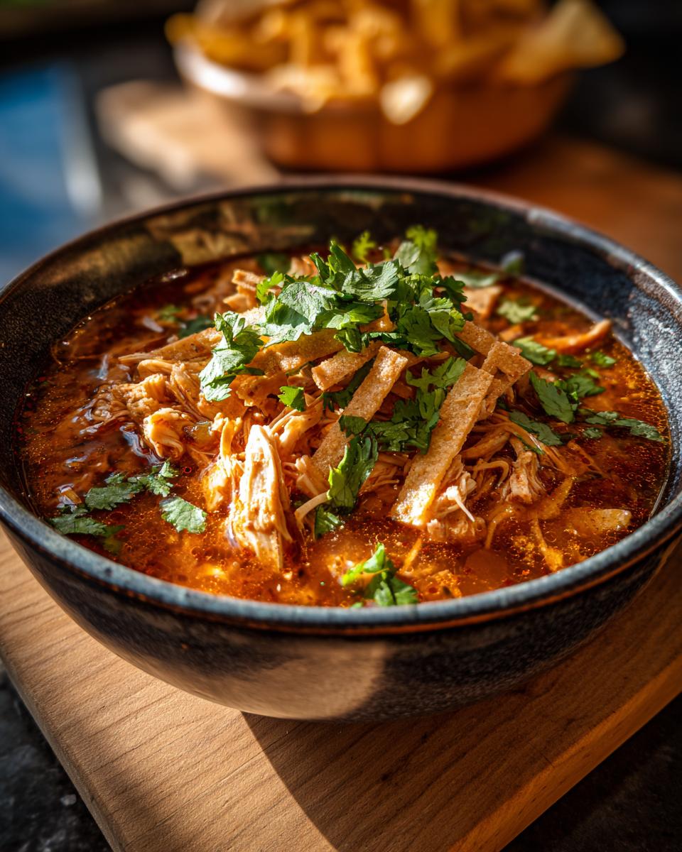 A bowl of Chicken Tortilla Soup, garnished with tortilla strips and cilantro, sits on a wooden surface.