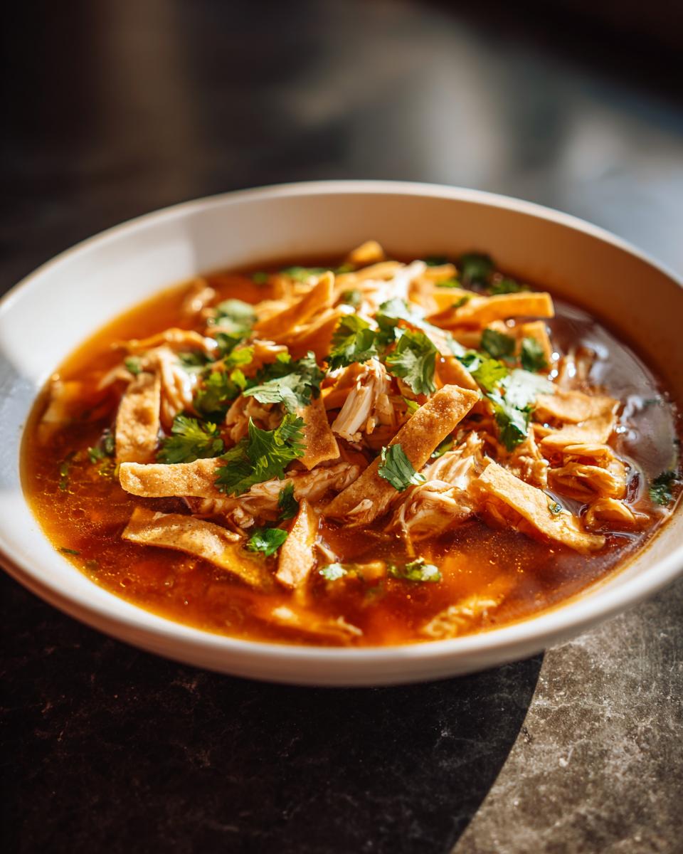 A comforting bowl of chicken tortilla soup, garnished with crispy tortilla strips and fresh cilantro.
