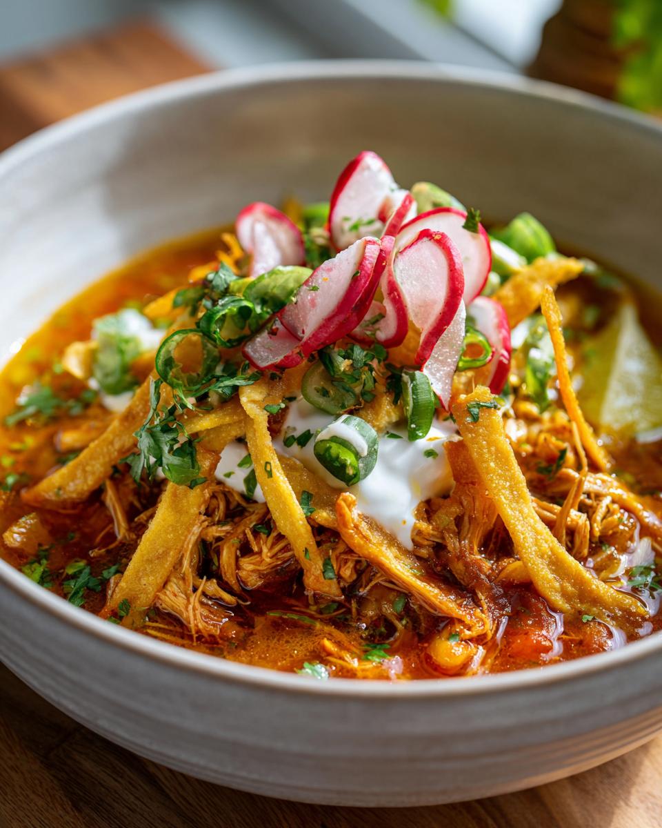 A bowl of Chicken Tortilla Soup, garnished with tortilla strips, radishes, sour cream, and cilantro.