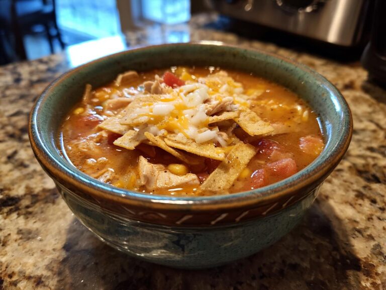 A comforting bowl of Chicken Tortilla Soup topped with tortilla strips and shredded cheese.