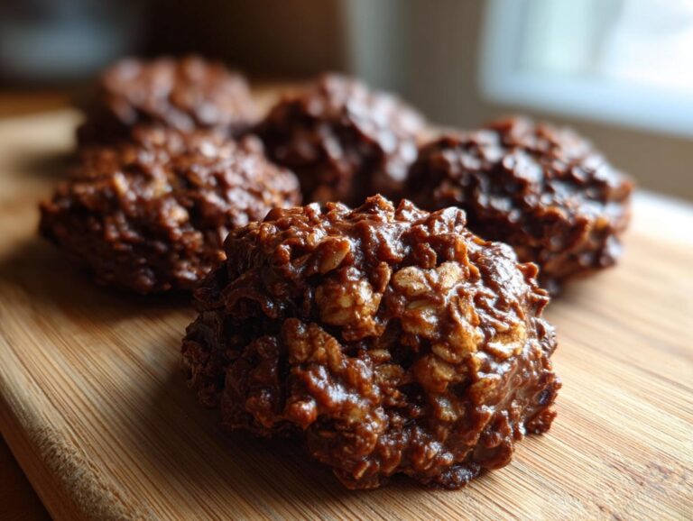 A batch of homemade chocolate peanut butter no-bake cookies on a wooden board.