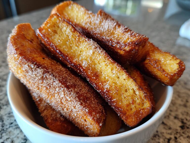 Close-up of cinnamon French toast sticks coated in sugar, piled in a white bowl.