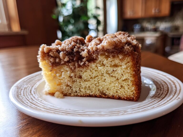 A close-up of a moist slice of Cinnamon Streusel Coffee Cake on a white plate, showcasing the crumb topping and tender cake texture.