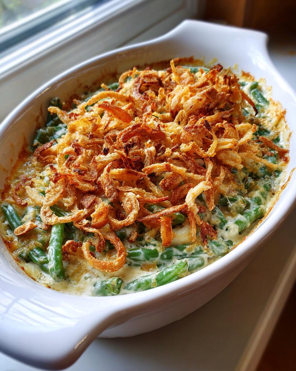 A close-up of a classic green bean casserole in a white baking dish, topped with crispy fried onions.