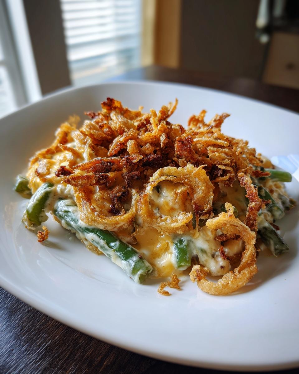 A close-up of a serving of classic green bean casserole topped with crispy fried onions.