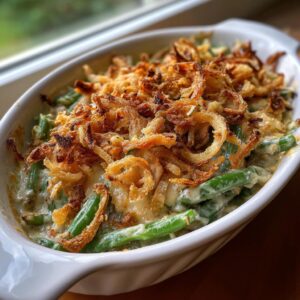 Close-up of a classic green bean casserole in a white baking dish, topped with crispy fried onions.