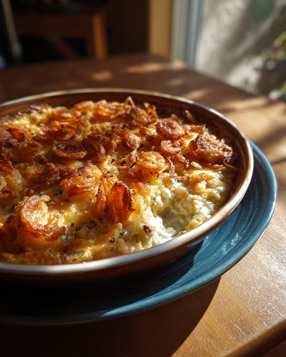 A close-up of a freshly baked Classic Green Bean Casserole, topped with golden fried onions and herbs.