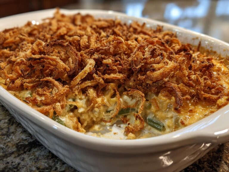 A close-up of a freshly baked classic green bean casserole topped with golden fried onions.