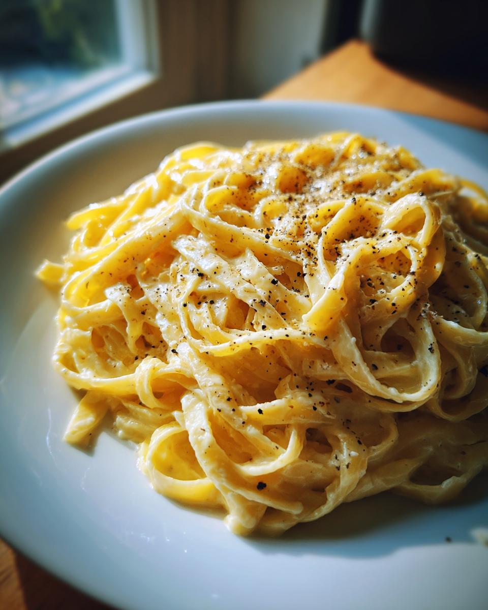 A close-up of a plate of creamy Fettuccine Alfredo pasta, generously coated in sauce and sprinkled with black pepper.