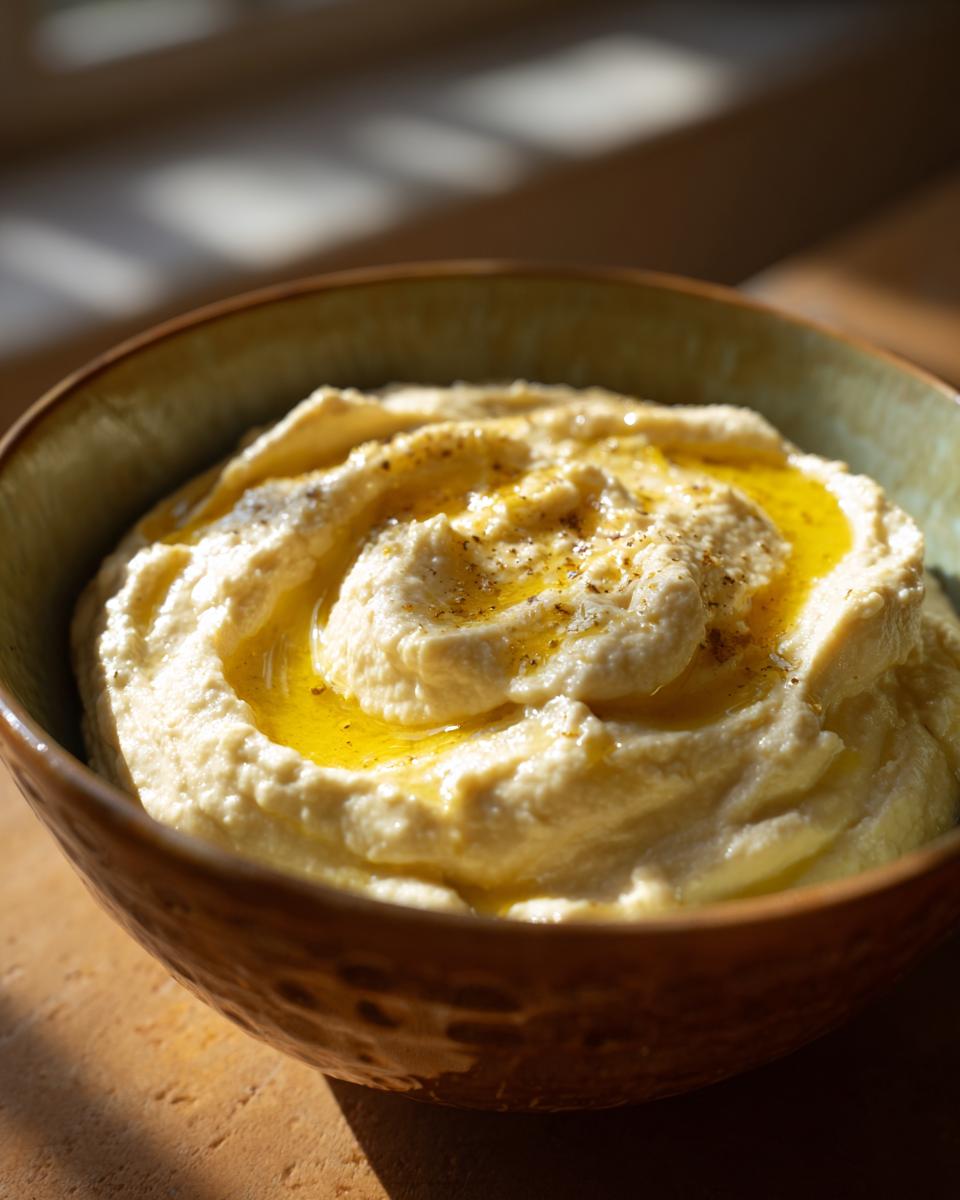 Close-up of a bowl of creamy hummus, drizzled with olive oil and sprinkled with spices.