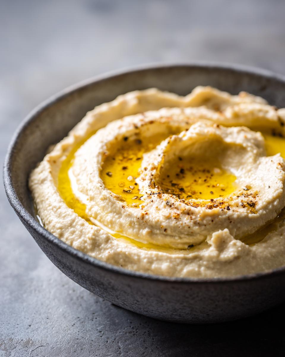 Close-up of a bowl of creamy hummus, swirled and topped with olive oil and spices.