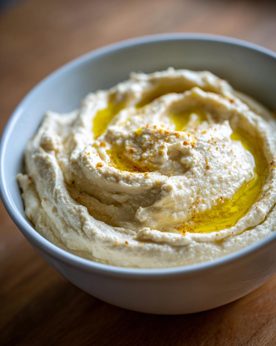 A close-up of creamy hummus in a white bowl, drizzled with olive oil and sprinkled with paprika.