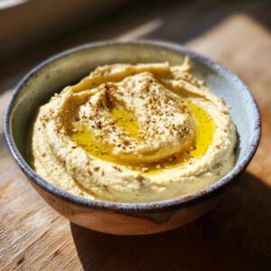 Close-up of a bowl of creamy hummus topped with olive oil, sesame seeds, and black pepper.