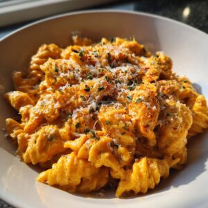 A bowl of creamy pumpkin pasta, garnished with parmesan cheese and herbs. Delicious and comforting!