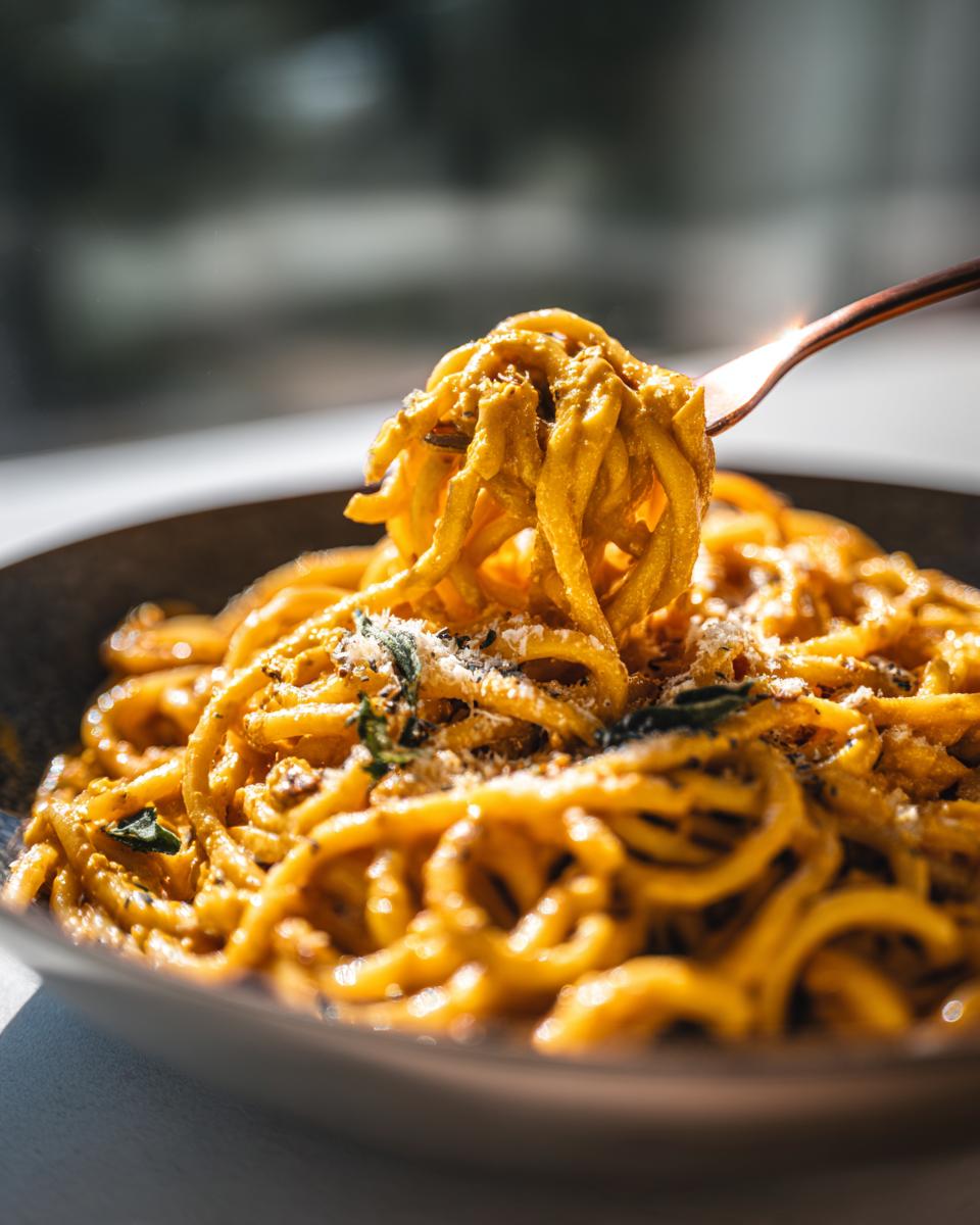 Close-up of creamy pumpkin pasta twirled on a fork, garnished with herbs and parmesan cheese.