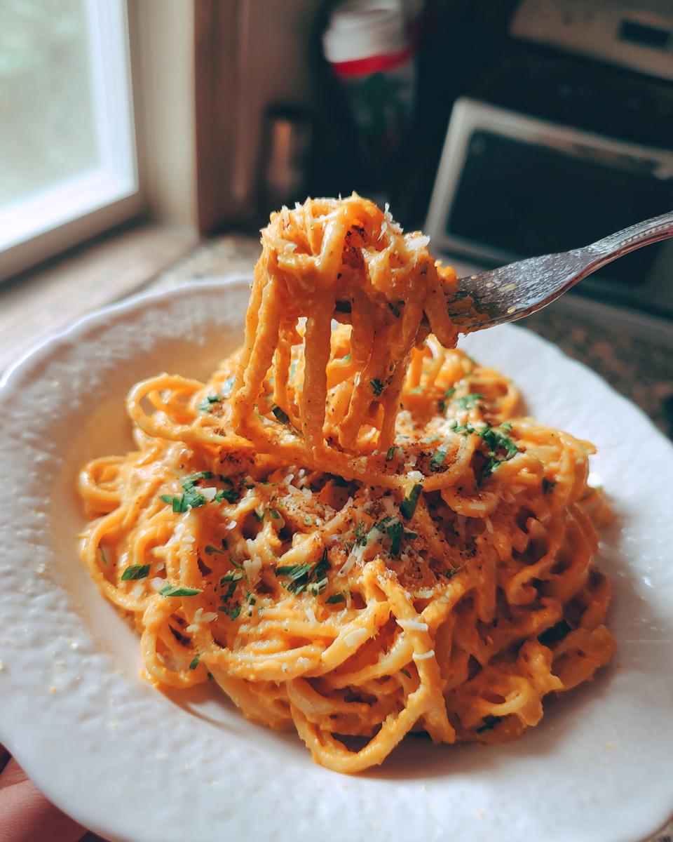 Close-up of creamy pumpkin pasta on a fork, garnished with herbs and cheese. A plate of pasta sits below.