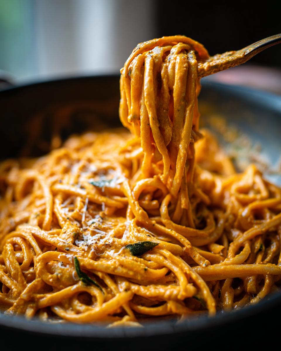 Close-up of creamy pumpkin pasta being lifted with a fork, showcasing the rich sauce and pasta texture.