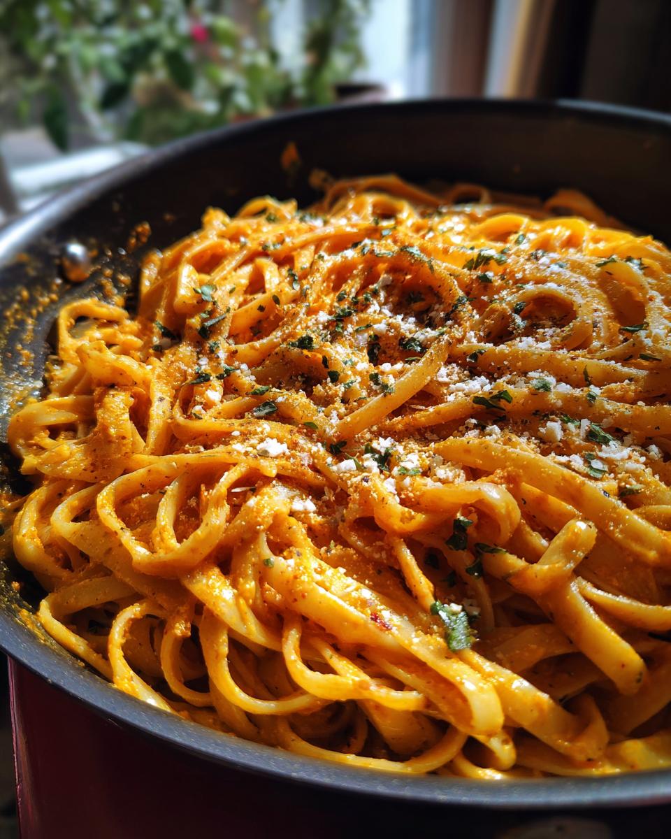 Close-up of creamy pumpkin pasta in a pan, topped with cheese and herbs.