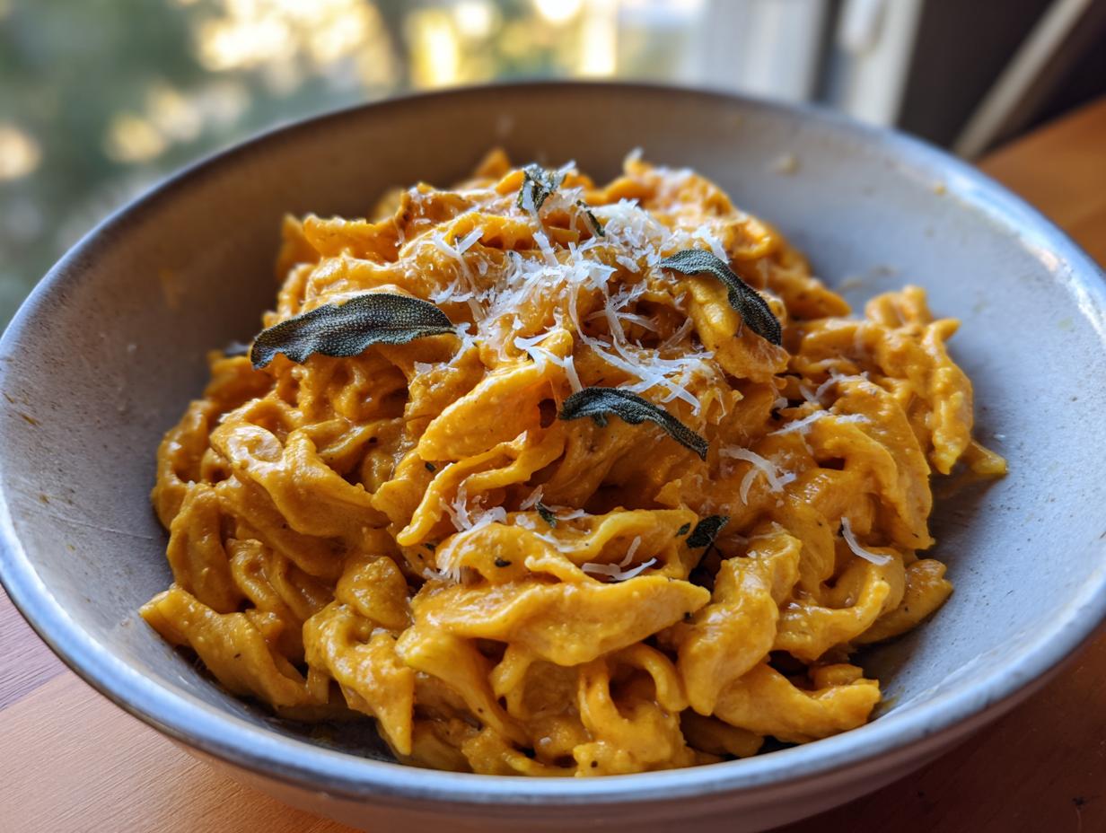 Close-up of creamy pumpkin pasta in a bowl, garnished with sage and parmesan cheese.