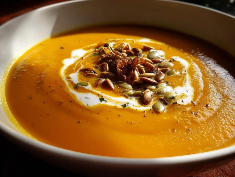 Bowl of creamy pumpkin soup topped with toasted pumpkin seeds and a swirl of cream.