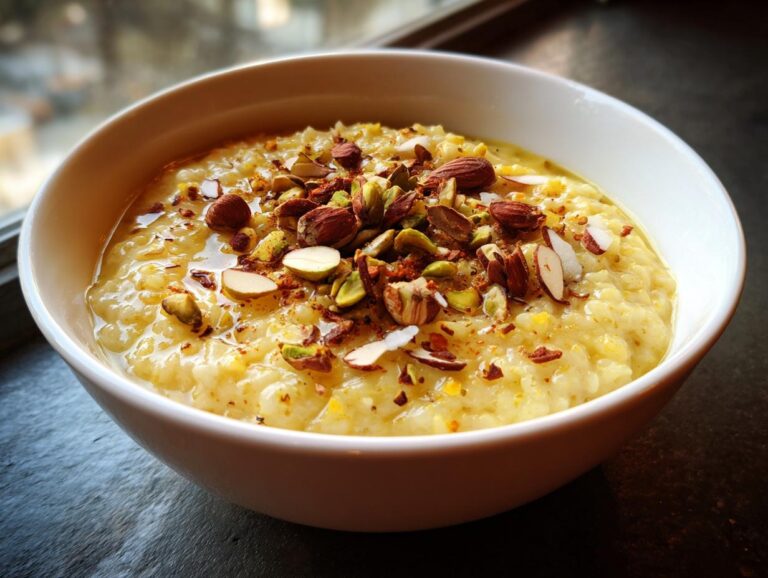A close-up of a white bowl filled with creamy Rice Kheer, topped with almonds, pistachios, and a sprinkle of spices.