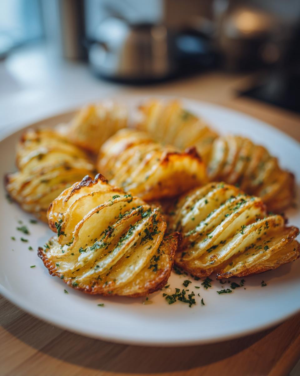 Close-up of crispy accordion potatoes seasoned with herbs on a white plate.