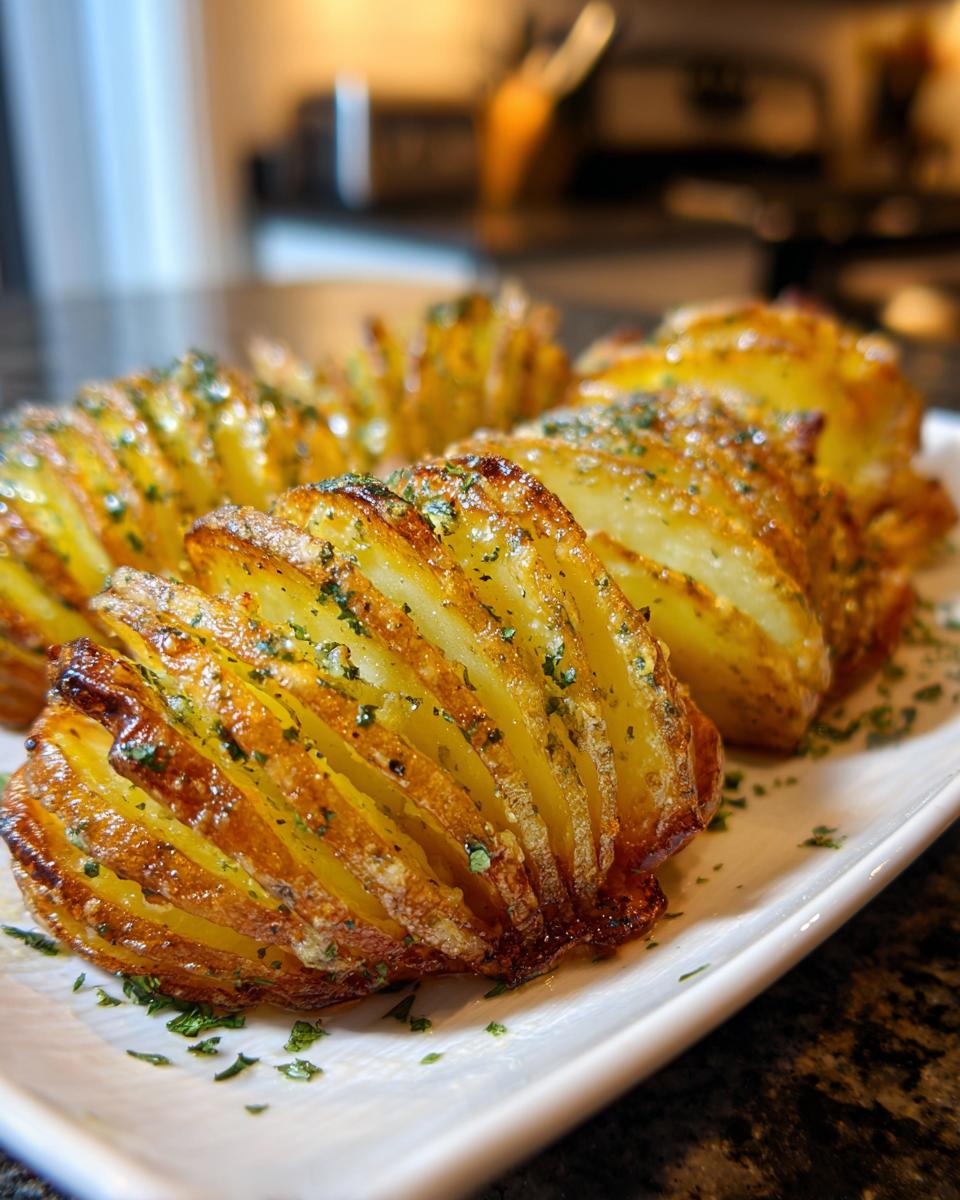Close-up of crispy baked accordion potatoes on a white platter, garnished with herbs.