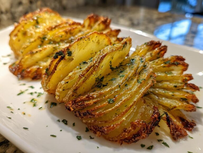 Close-up of two golden-brown accordion potatoes, garnished with herbs, on a white plate.