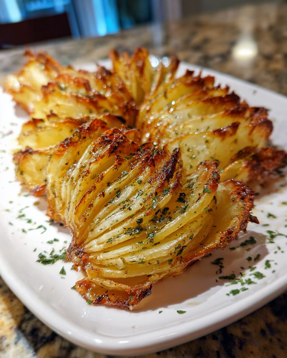 Close-up of golden brown crispy accordion potatoes, garnished with fresh herbs on a white plate.