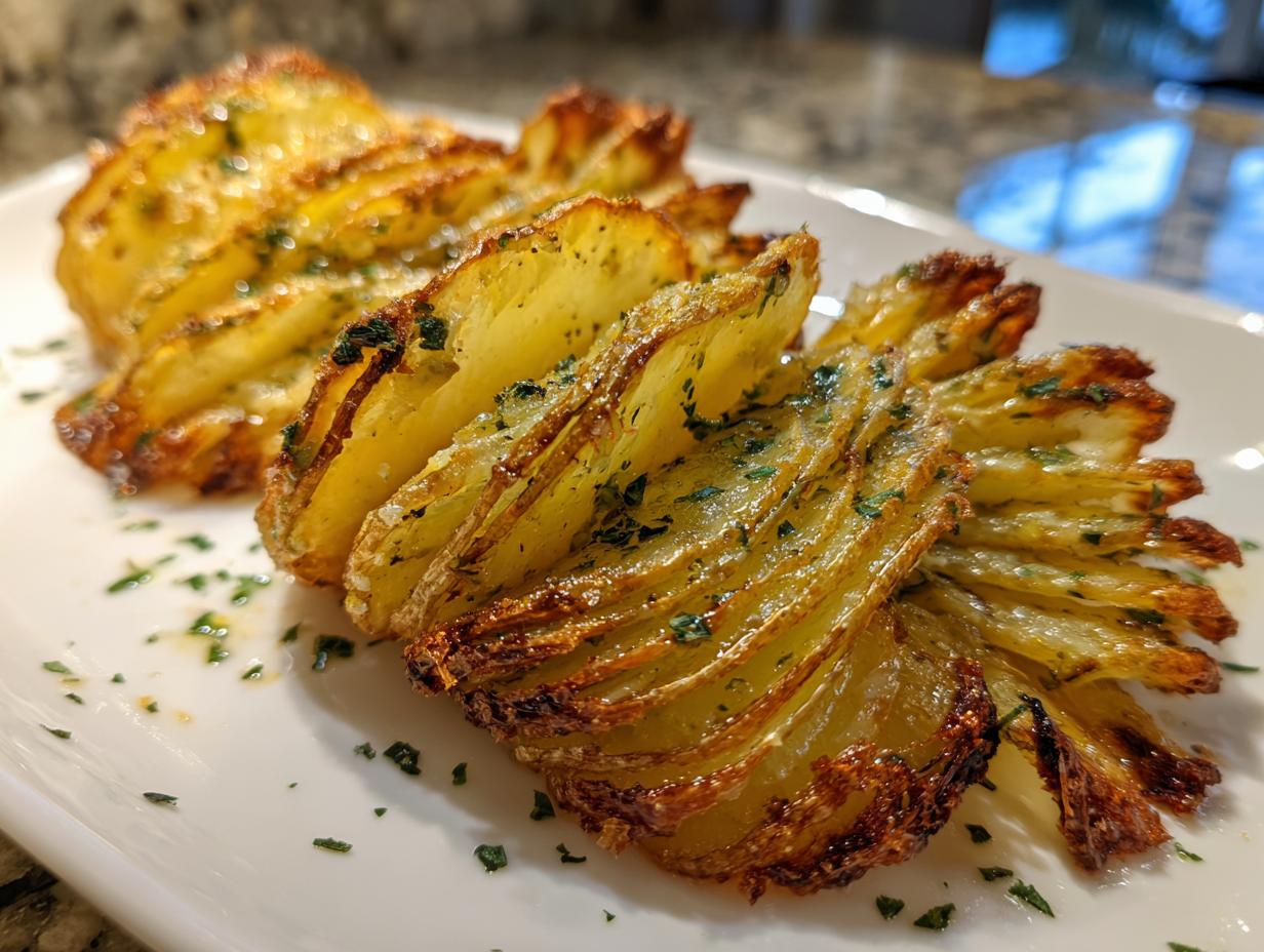 Close-up of two golden-brown accordion potatoes, garnished with herbs, on a white plate.