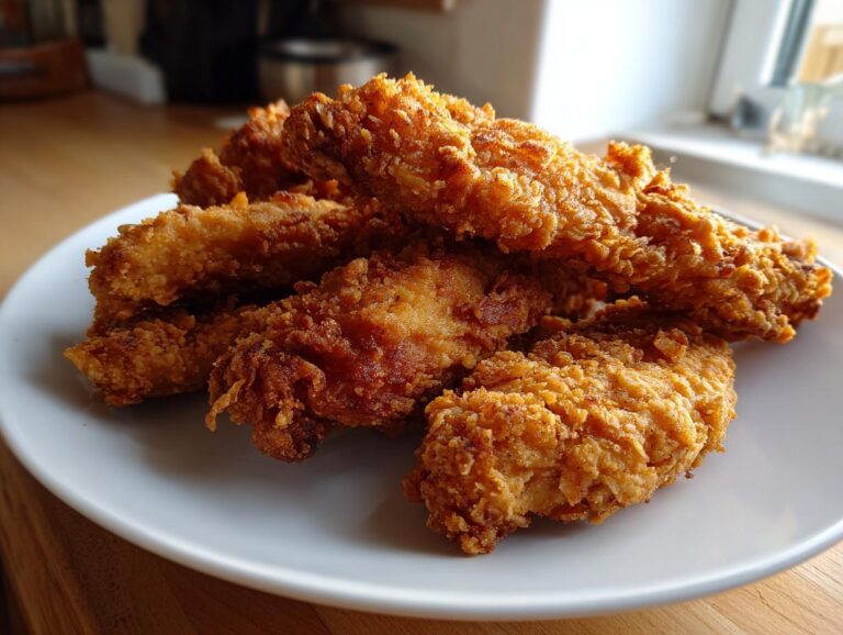 A plate piled high with golden, crispy chicken tenders, showcasing their texture and appetizing appearance.