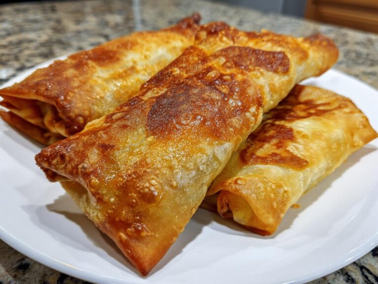 Close-up of three perfectly golden and crispy egg rolls arranged on a white plate.