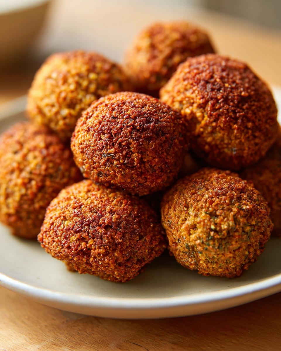 Close-up of a pile of golden brown, crispy falafel balls on a light grey plate.
