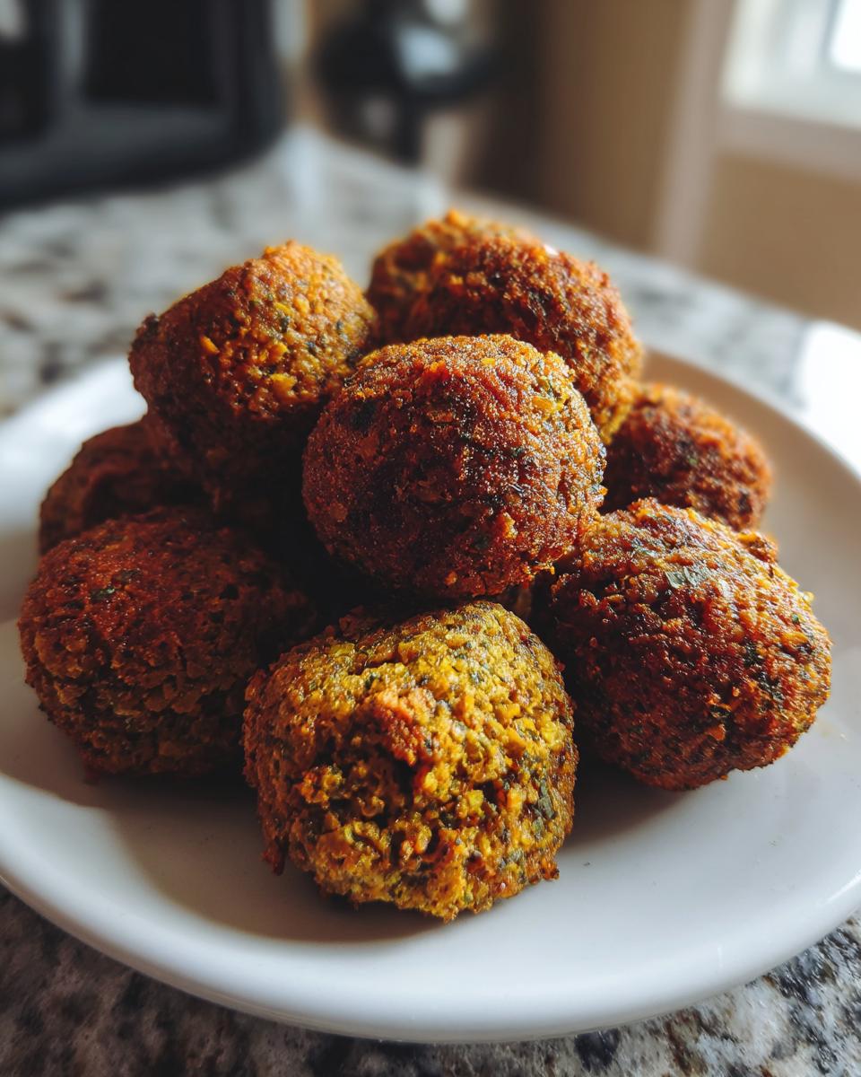 A close-up shot of a pile of golden-brown, crispy falafel balls on a white plate.